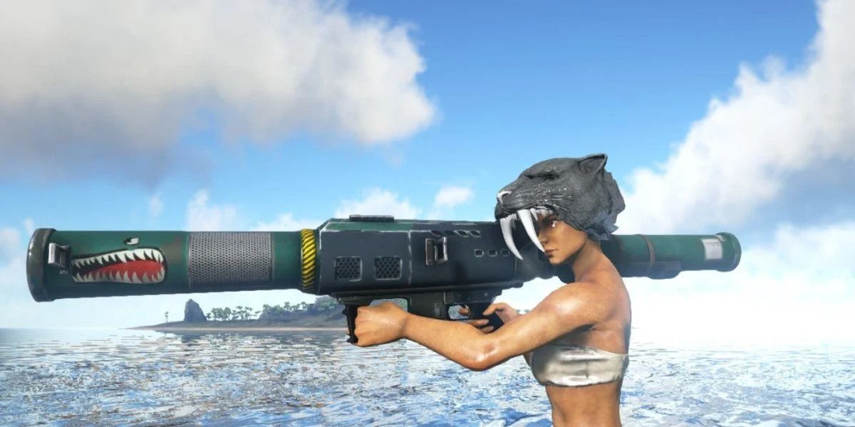Ark Survival Evolved character holding rocket launcher