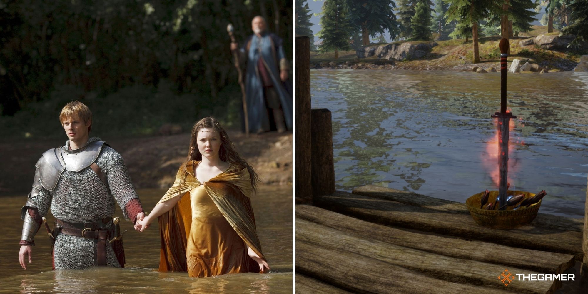 Arthur and the Lady of the Lake in BBC's Merlin (left), Warlord Greatsword for the Spirit of the Lake quest in Dragon Age Inquisition (right)