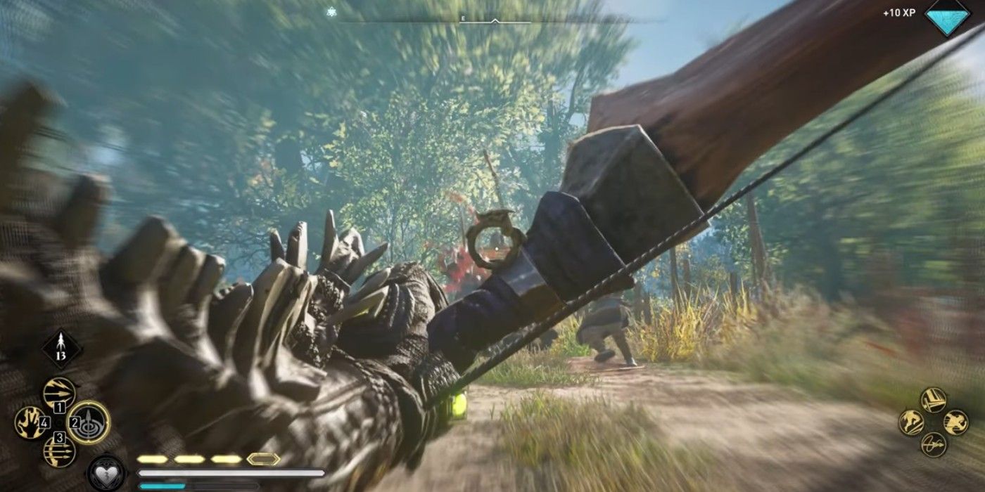 Assassin's Creed Valhalla Holmegaard Bow first person firing at foe