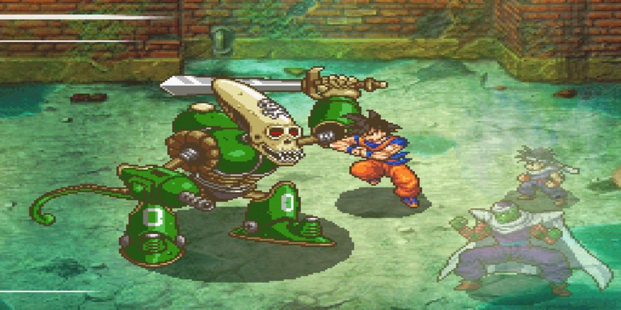 Goku attacking a large green robot with Piccolo and Gohan watching.