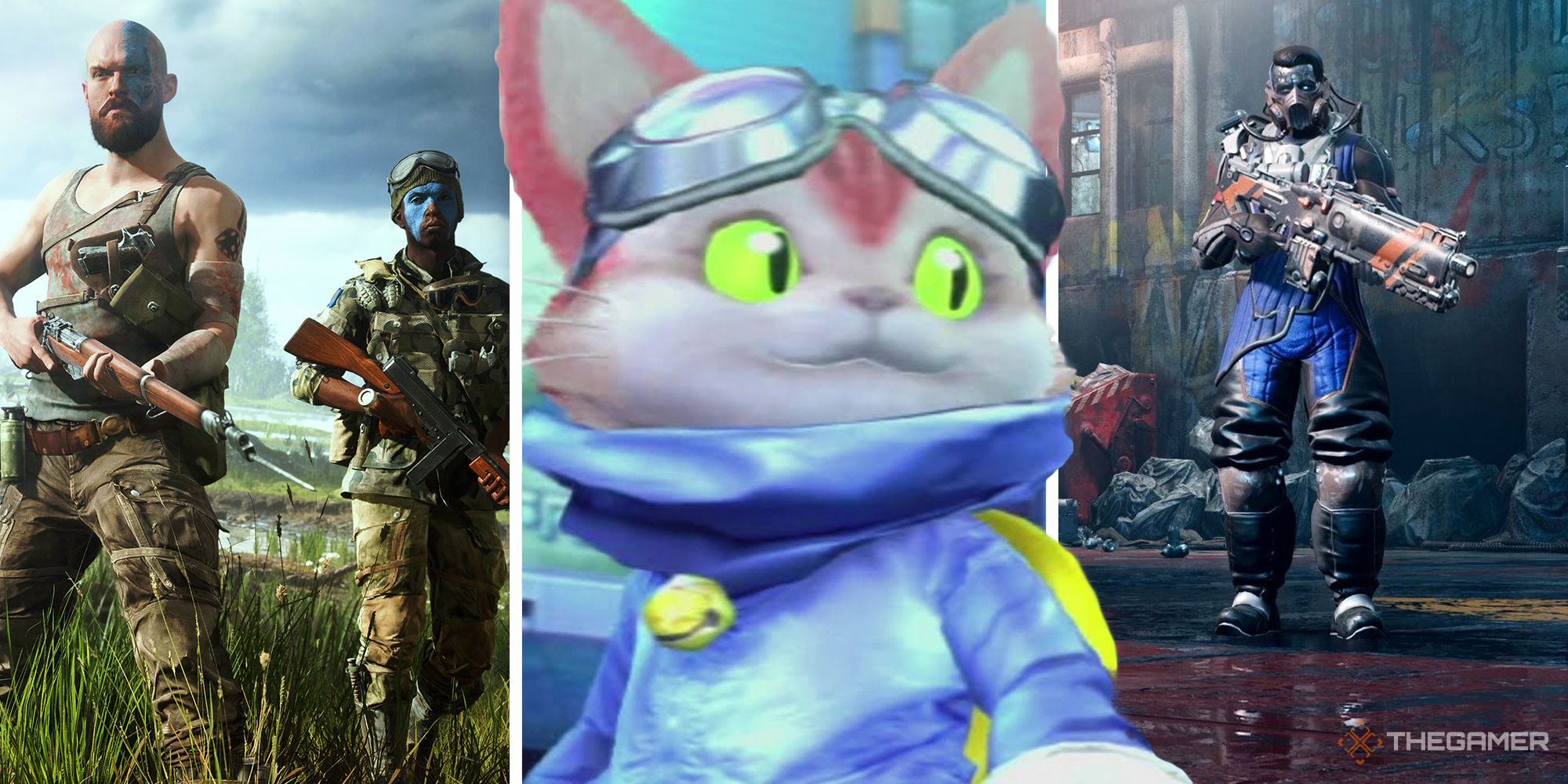 a threeway vertical split of characters from Battlefield 5, The Ascent, and Blinx