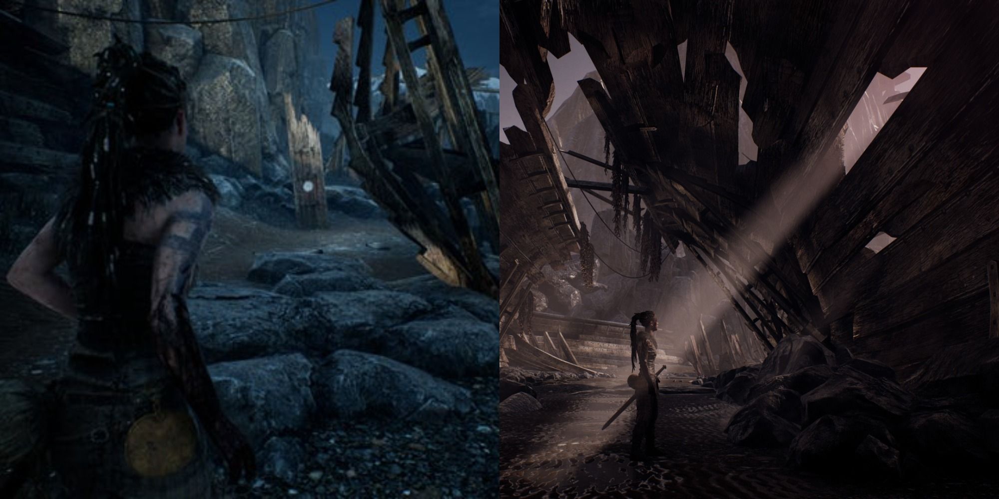 Split image of the lorestone and inside a shipwreck
