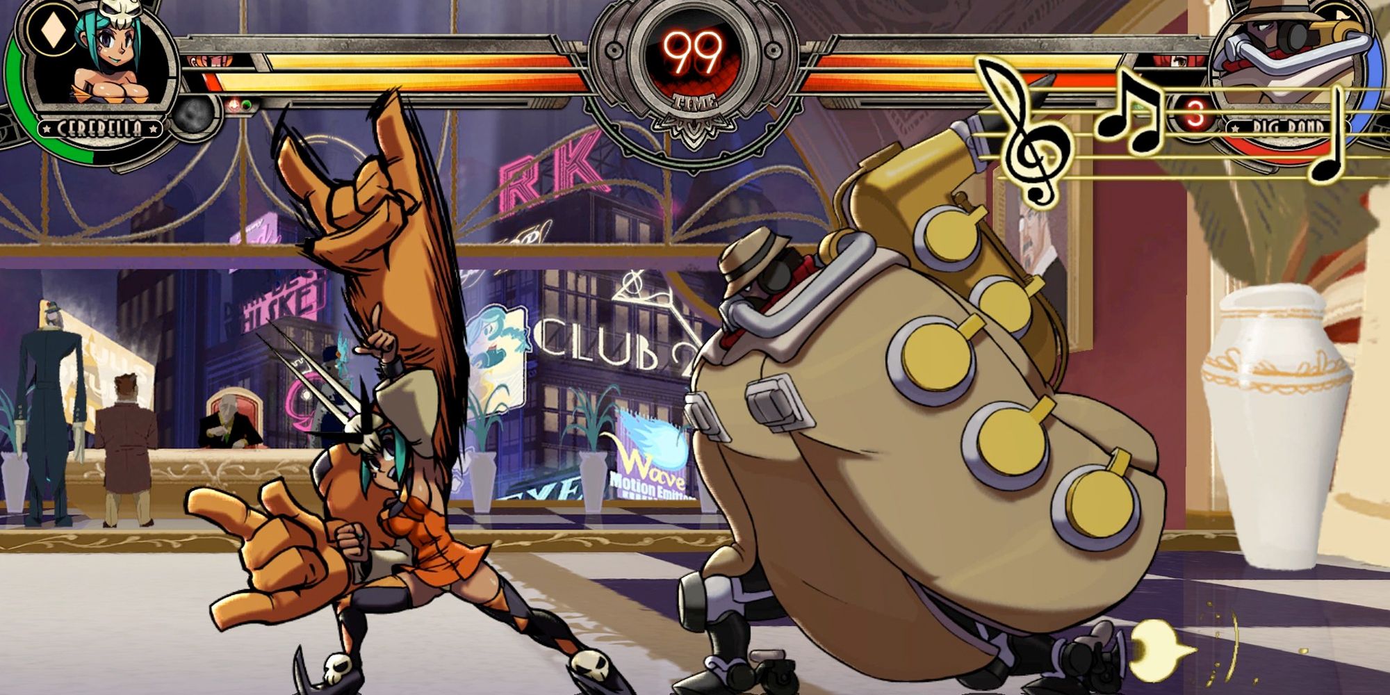 Big Band charges in to attack Cerebella with his music in Skullgirls