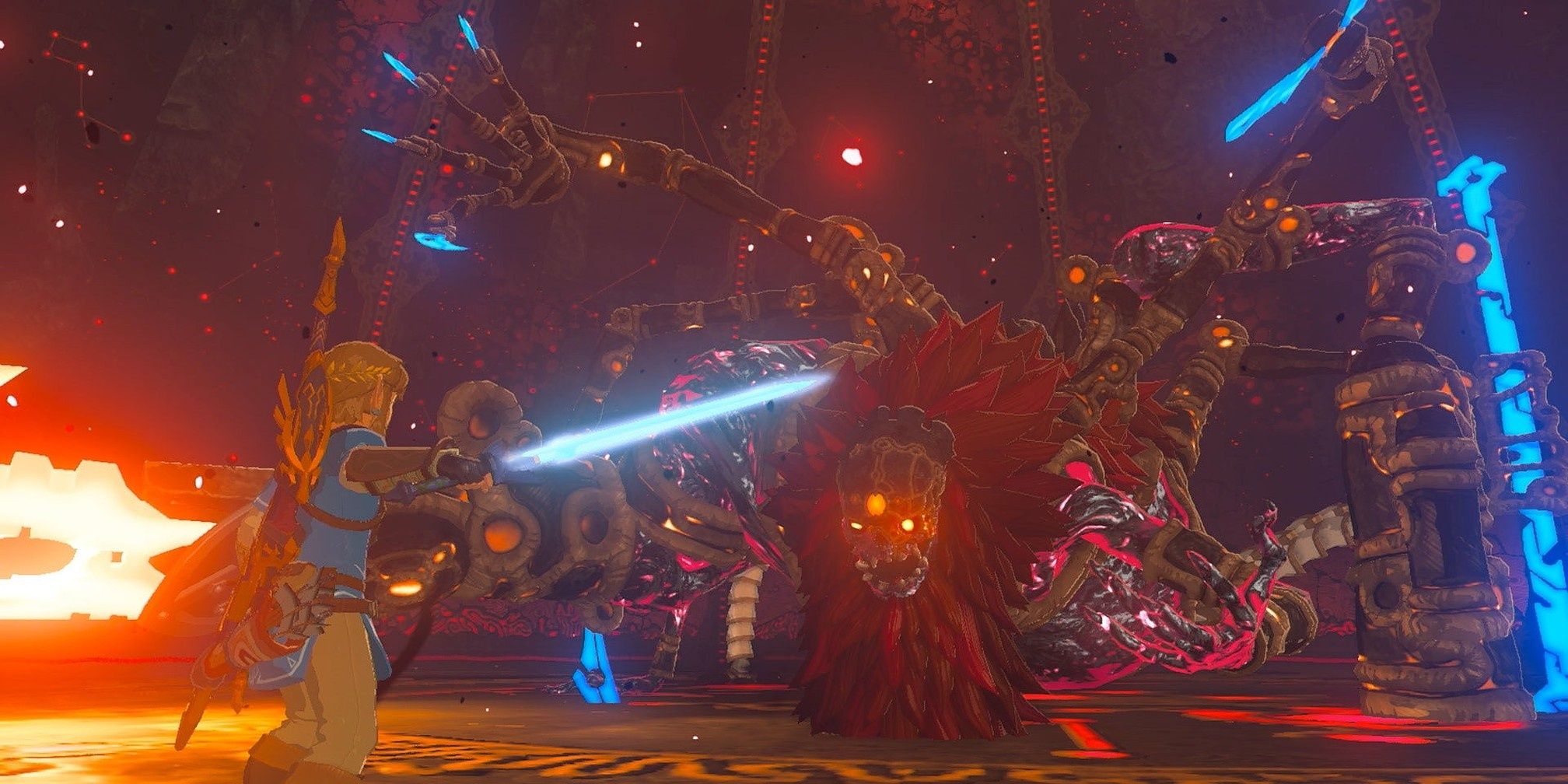 Calamity Ganon and Link facing each other prepared to attack