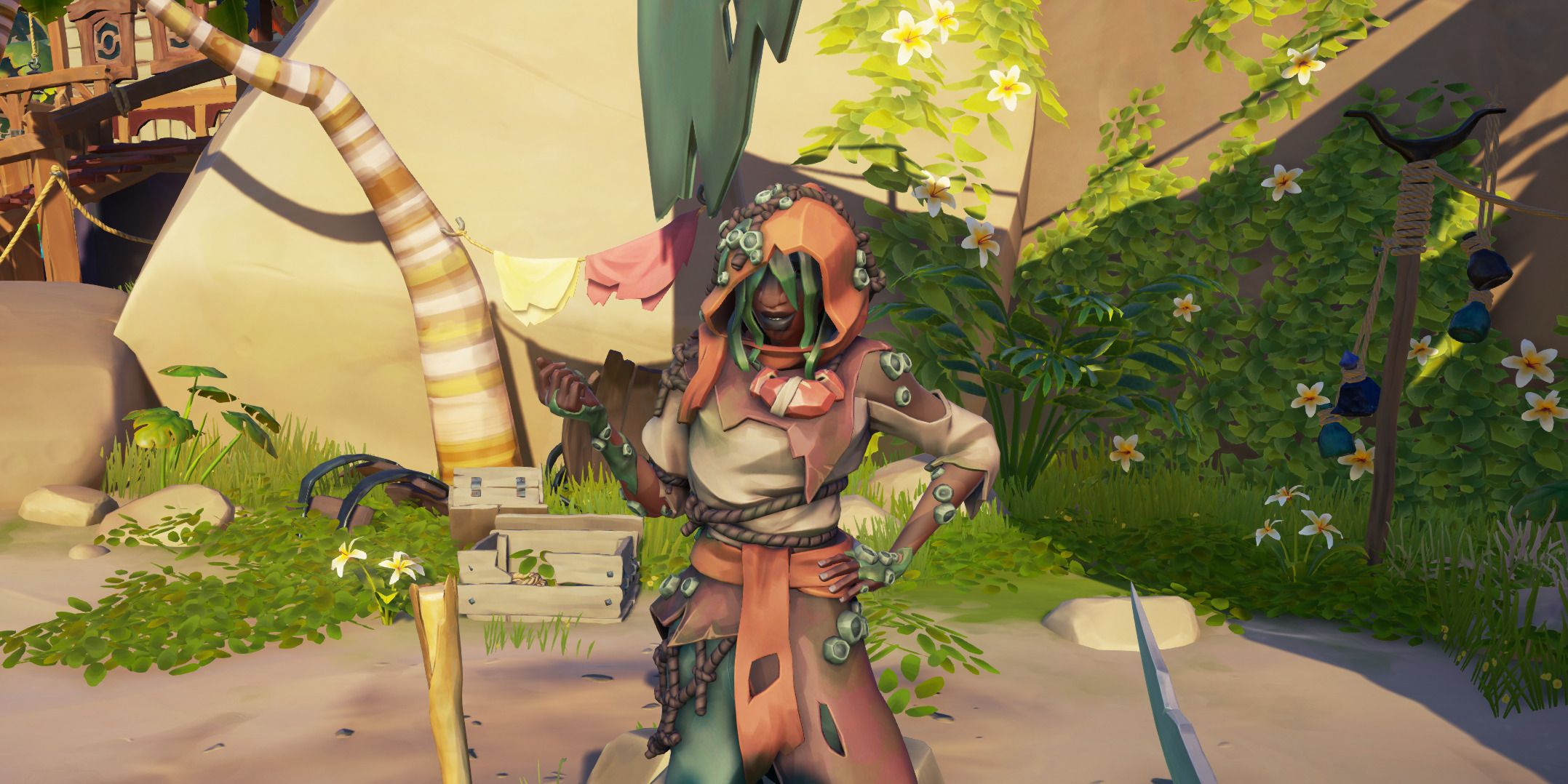 Calypso disguised as the Mysterious Stranger in Sea of Thieves: A Pirate's Life