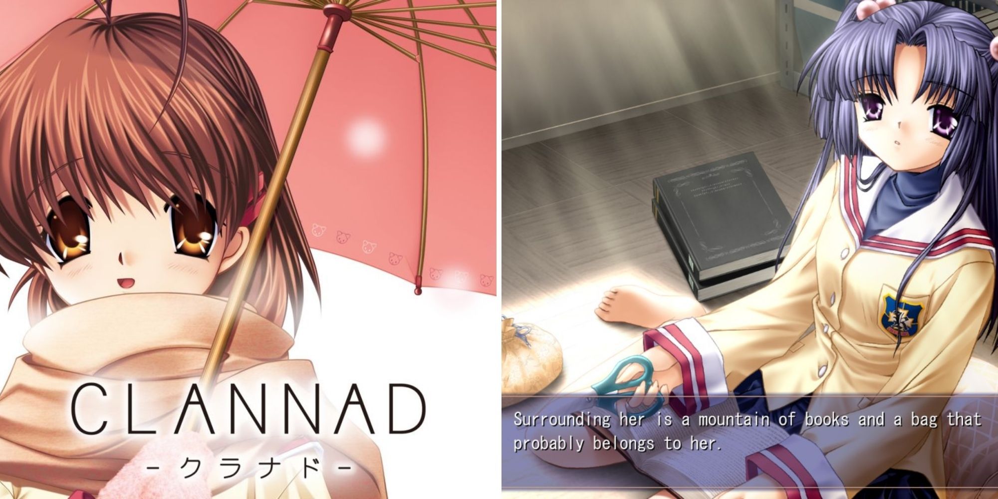 Clannad Official Image and Kotomi on the floor surrounded by books