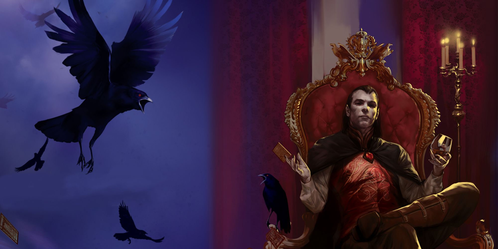Curse Of Strahd Wallpaper, showing a vampire sitting on a throne and crows flying nearby