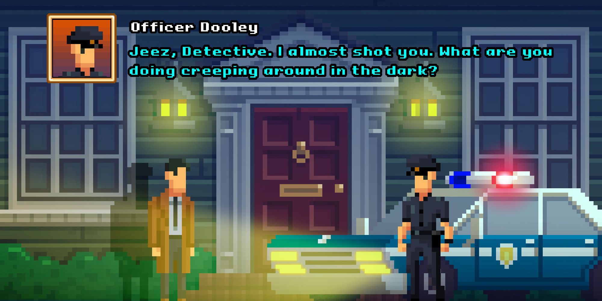 Darkside Detective game Officer Dooley talking with Detective Francis outside a house.
