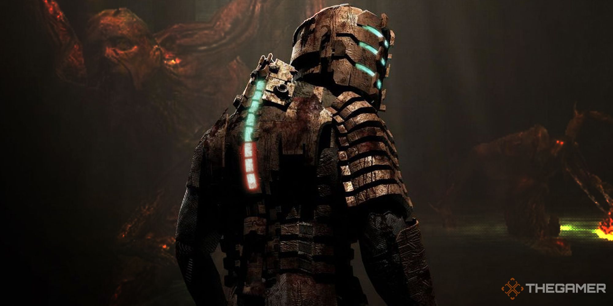 dead space - isaac in the centre of the frame with contorted faces and monsters in the darkness around him