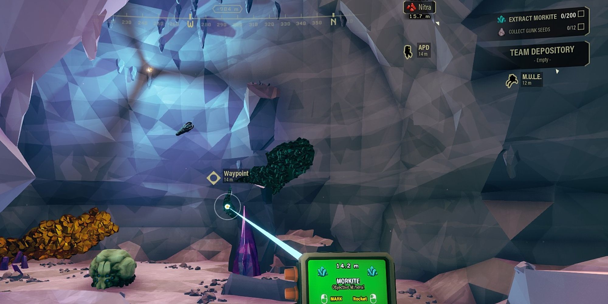 Using the waypoint function in Deep Rock Galactic to highlight Morkite