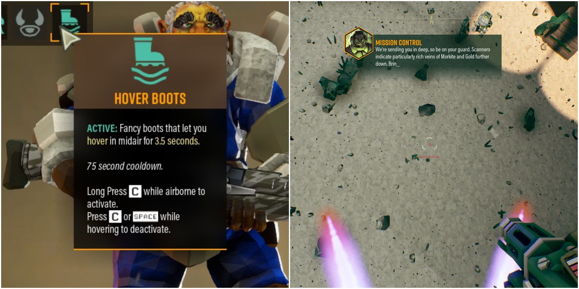 Deep rock galactic hover boots perk left, character floating right