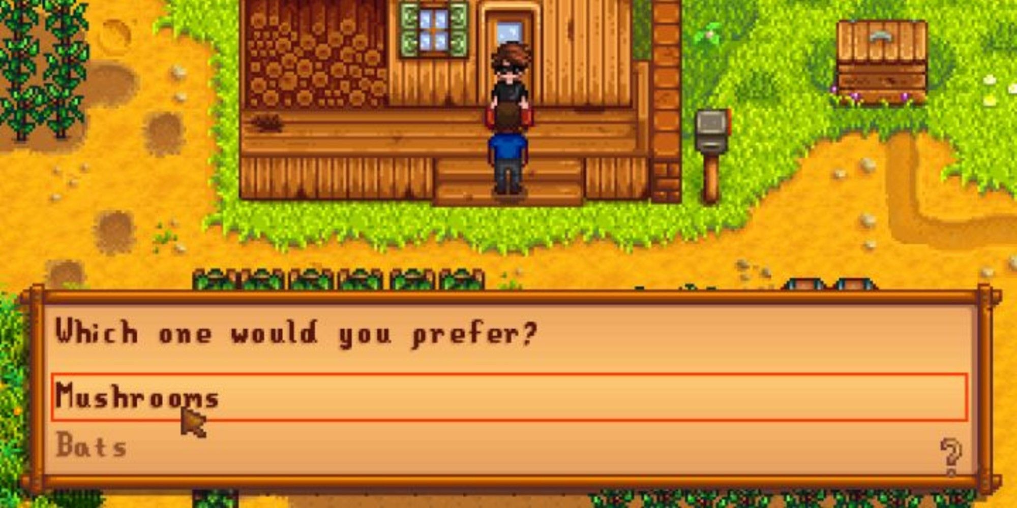 Demetrius confronting player on farmhouse porch about farm cave