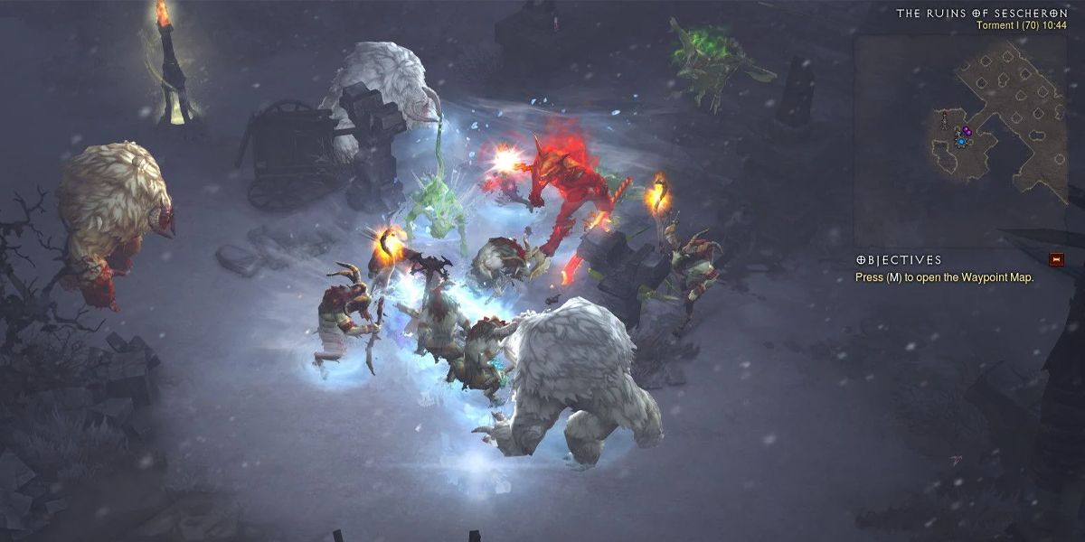 Diablo 3 a player battles through the ruins of sescheron