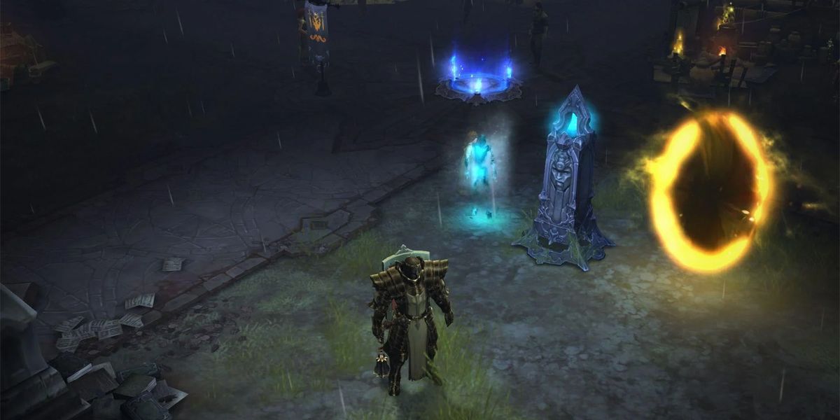 Diablo 3 a player standing next to a portal in town