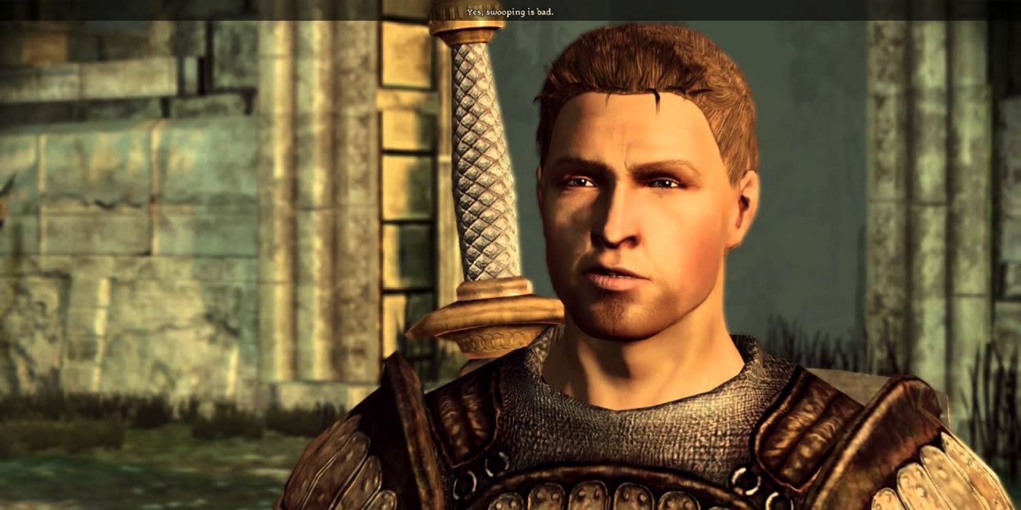Dragon Age Origins screenshot in-game of Alistair saying swooping is bad