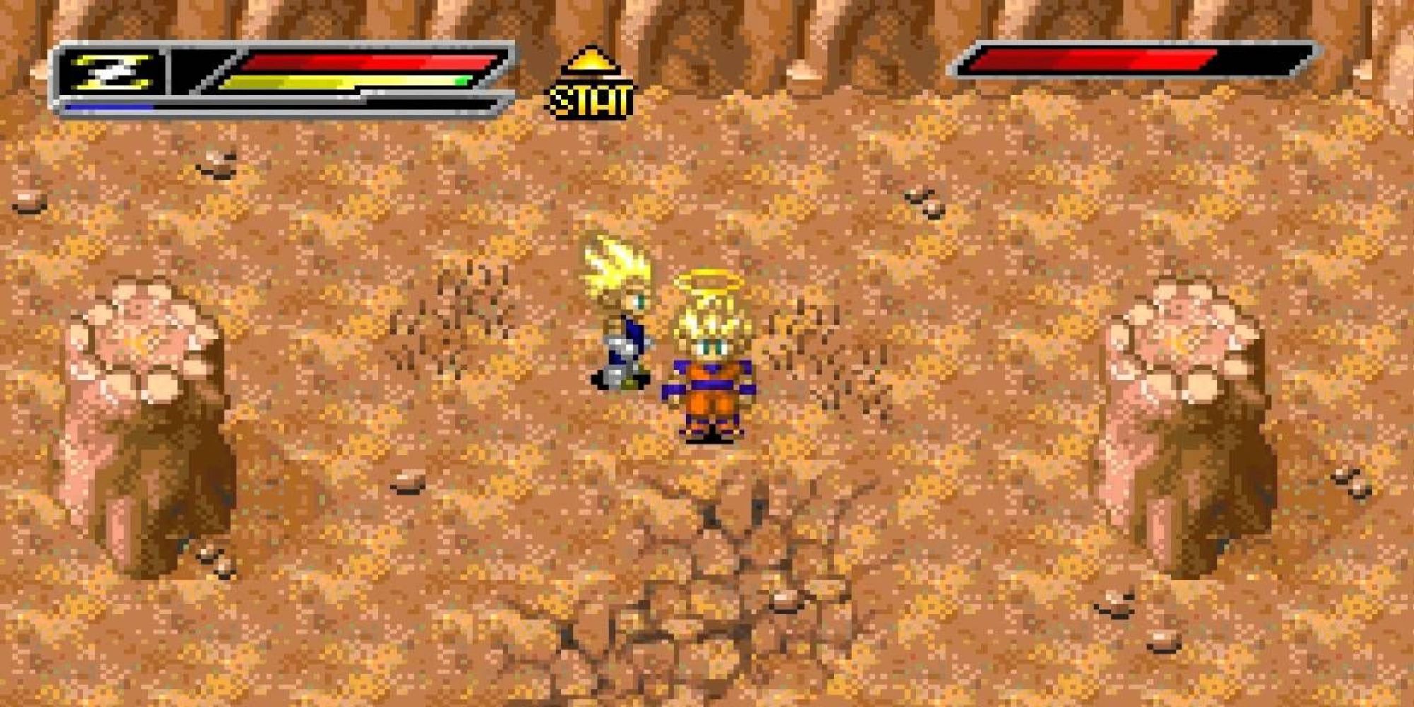 Goku (Angel) and Vegeta standing in a desolate wasteland.