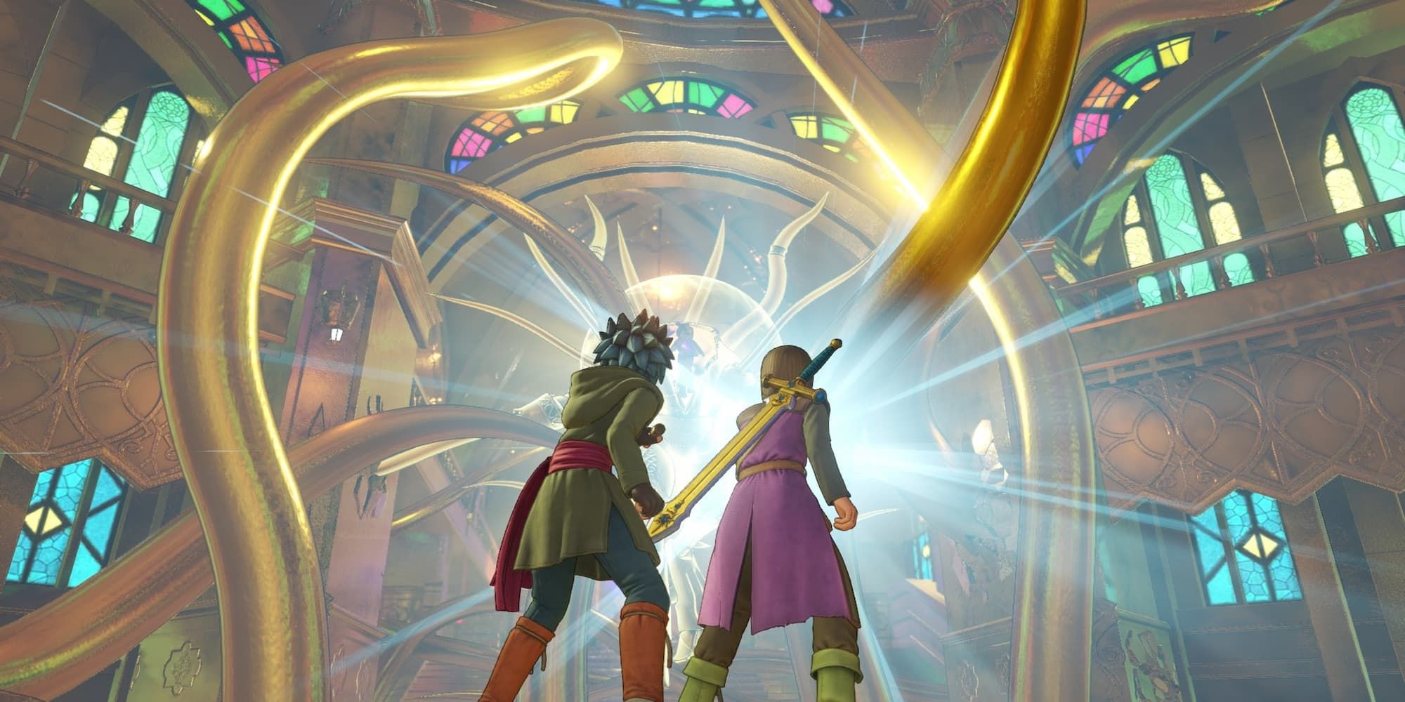 Hero and Erik from Dragon Quest 11 standing with back to viewer and facing golden tendrils in a church