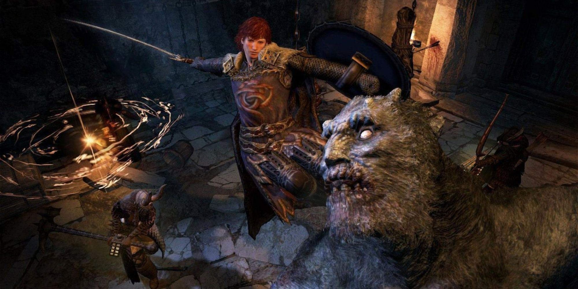 Dragon's Dogma RPG combat screenshot of the character with a sword and shield in the air.