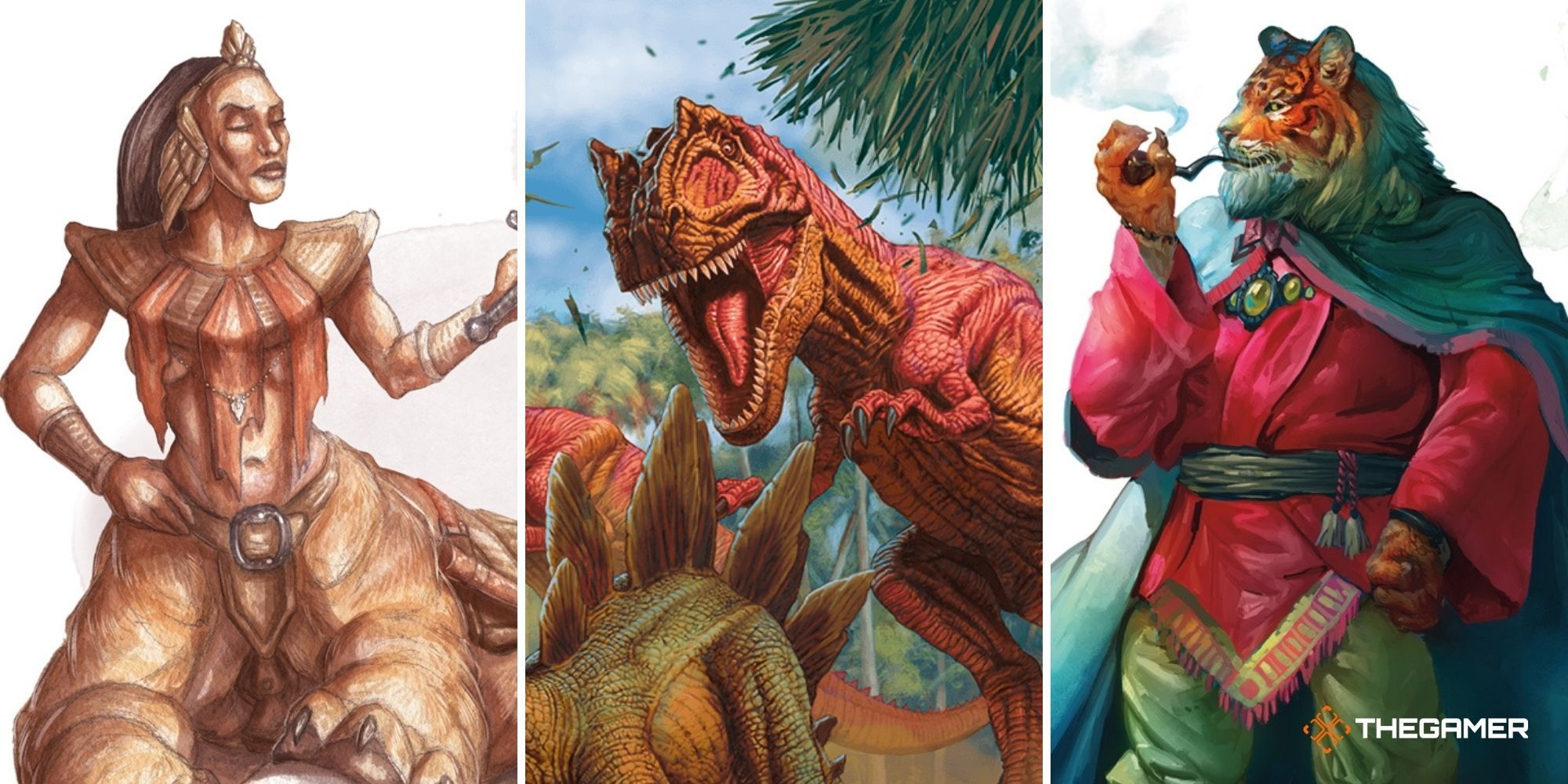 Dungeons and Dragons split image - Lami on left, Dinosaurs in centre, Rakshasa on right