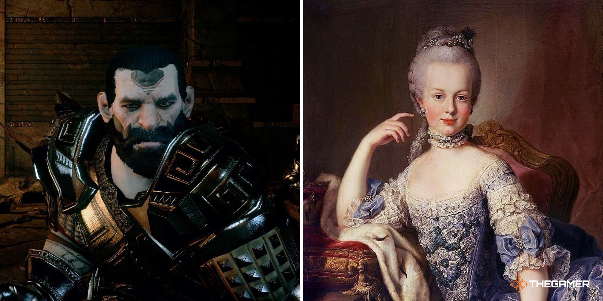 Dwarf from Dragon Age Inquisition The Descent DLC (left), Marie Antoinette painting (right)
