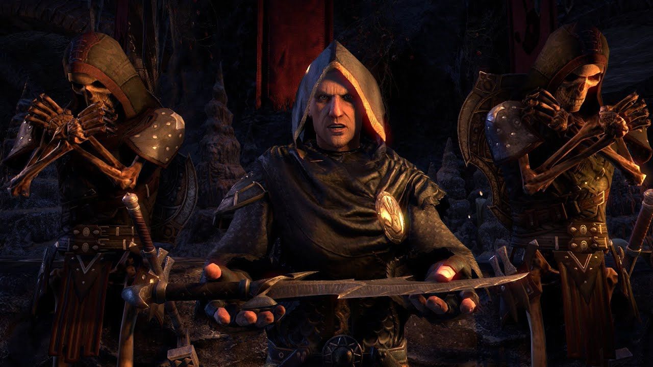 ESO Dark Brotherhood assassin next to two skeleton warrioirs