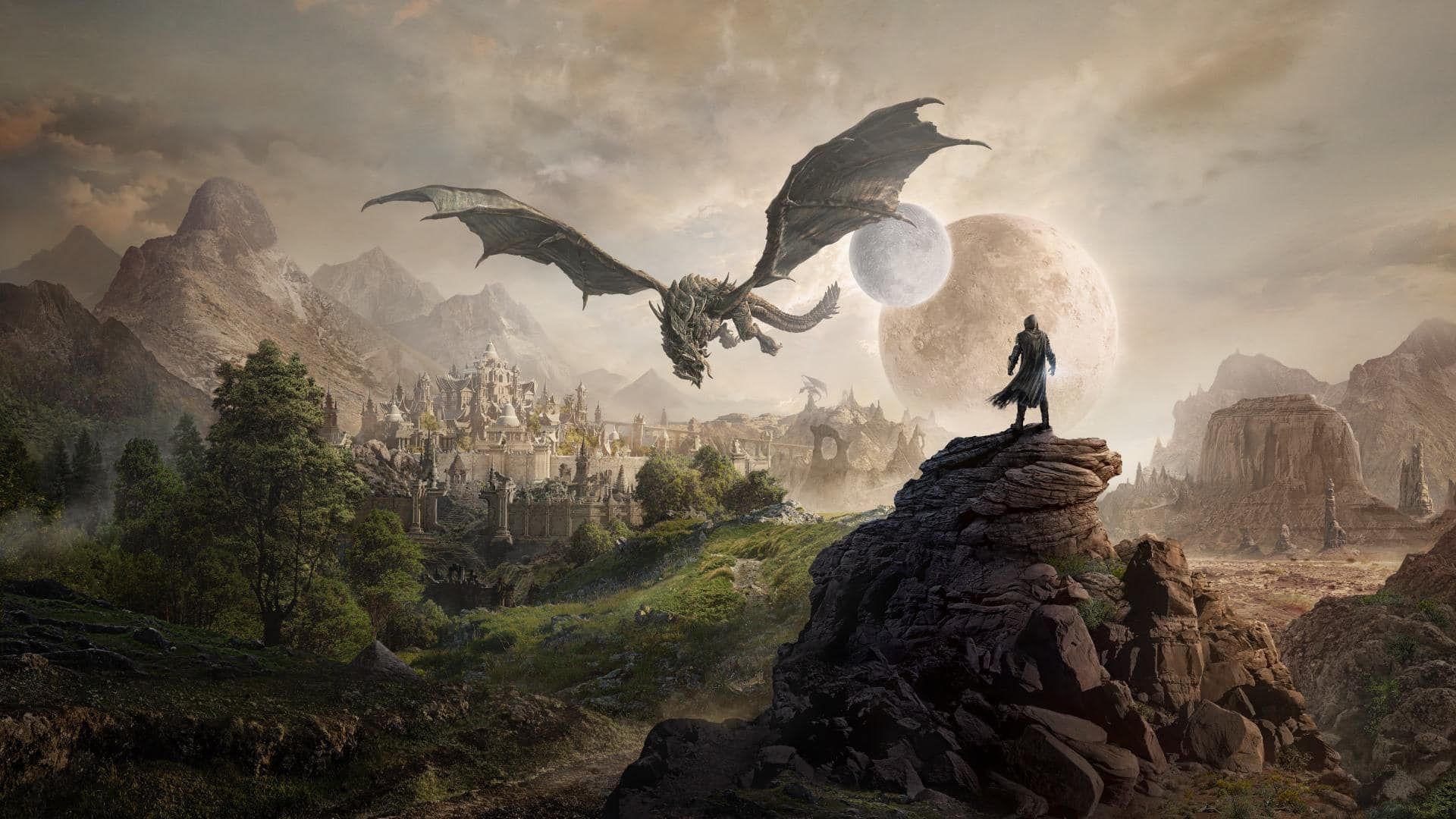 ESO Elsweyr artwork depicting dragon flying before a player standing on a boulder.