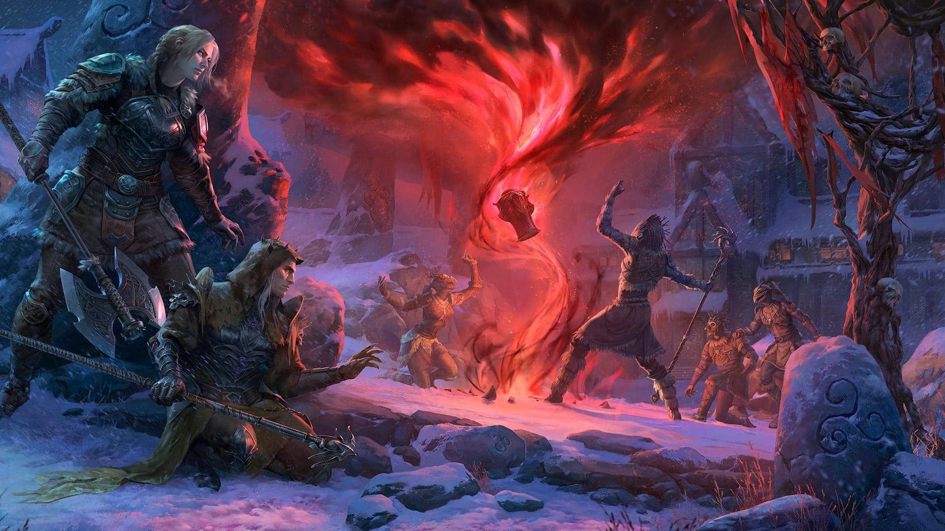 ESO Harrowstorm artwork depicting dark red spell being cast by mage while players watch from behind cover