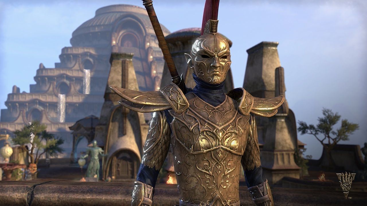 ESO warrior in gold mask and gold armor in front of Morrowind city