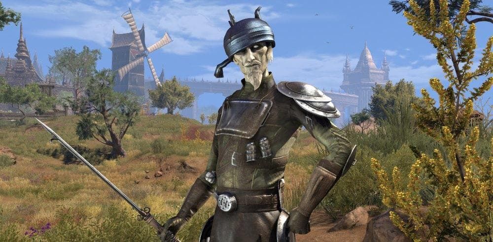 ESO Sir Cadwell posing with sword in hand and cauldron on head