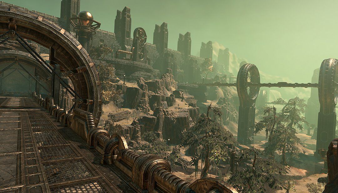 ESO The Clockwork City screenshot from bridge looking at green haze