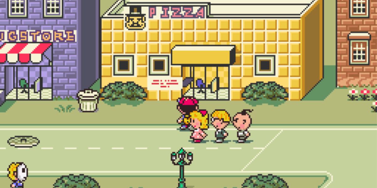 Ness and Party enter a building in Earthbound