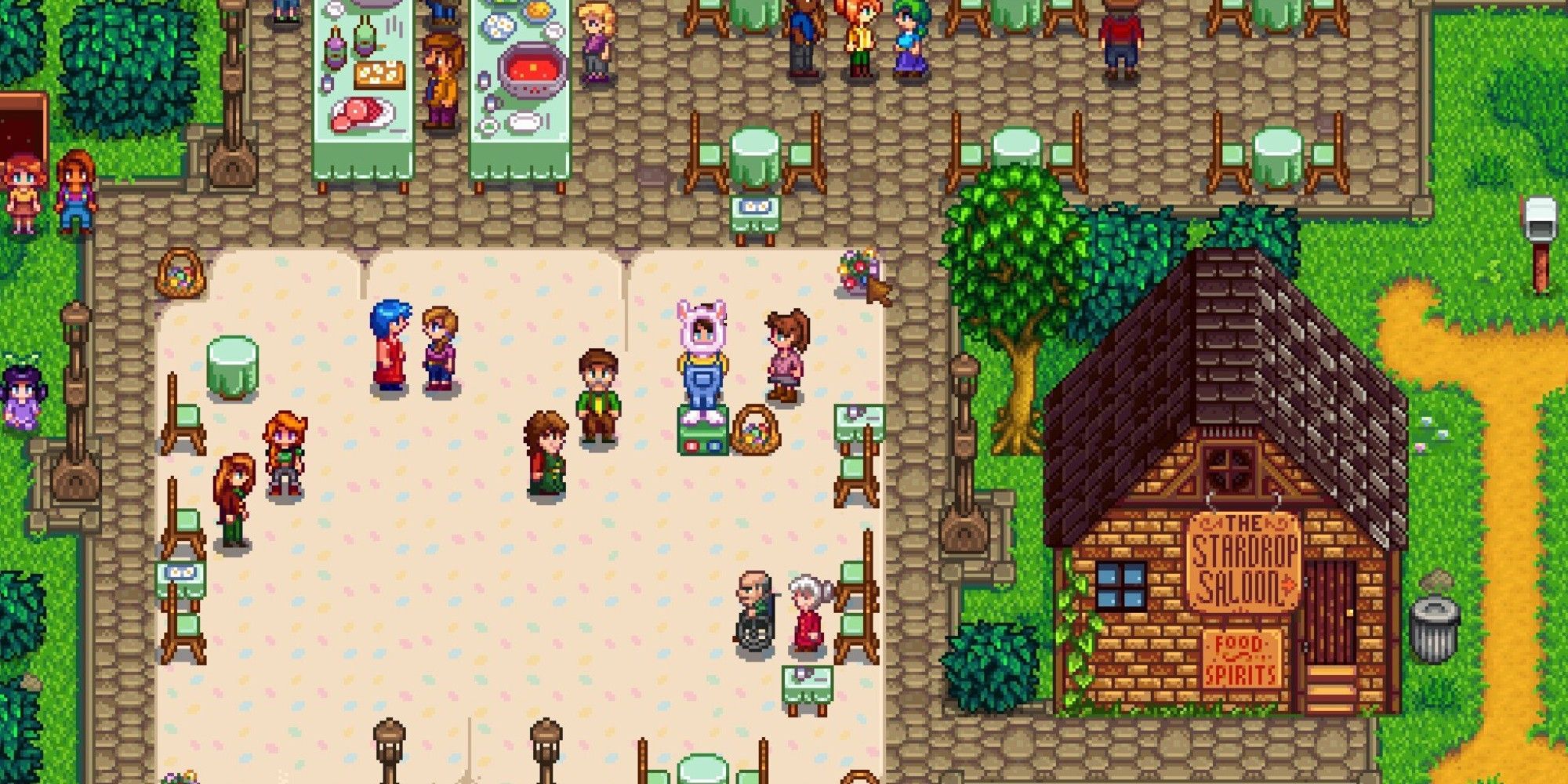 player standing at egg festival in bunny standee