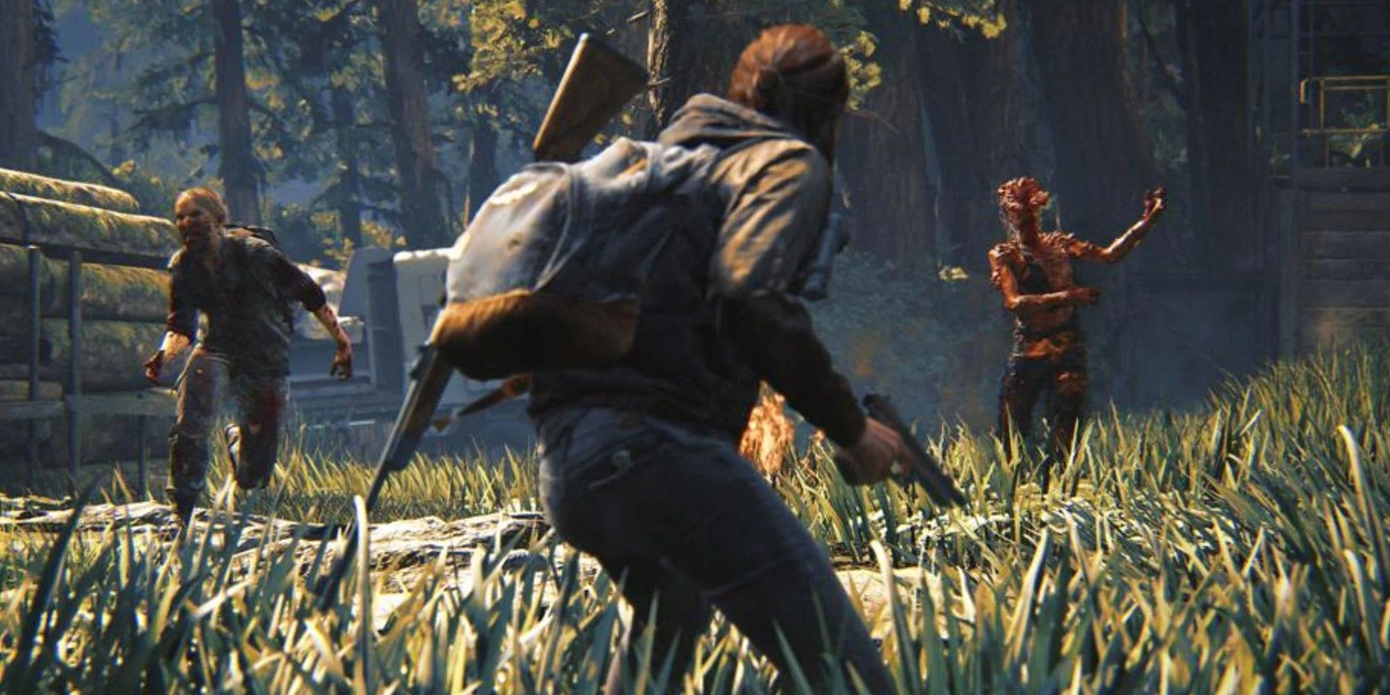 The Last Of Us Part 2: Ellie With gun And Clicker enemies in a field