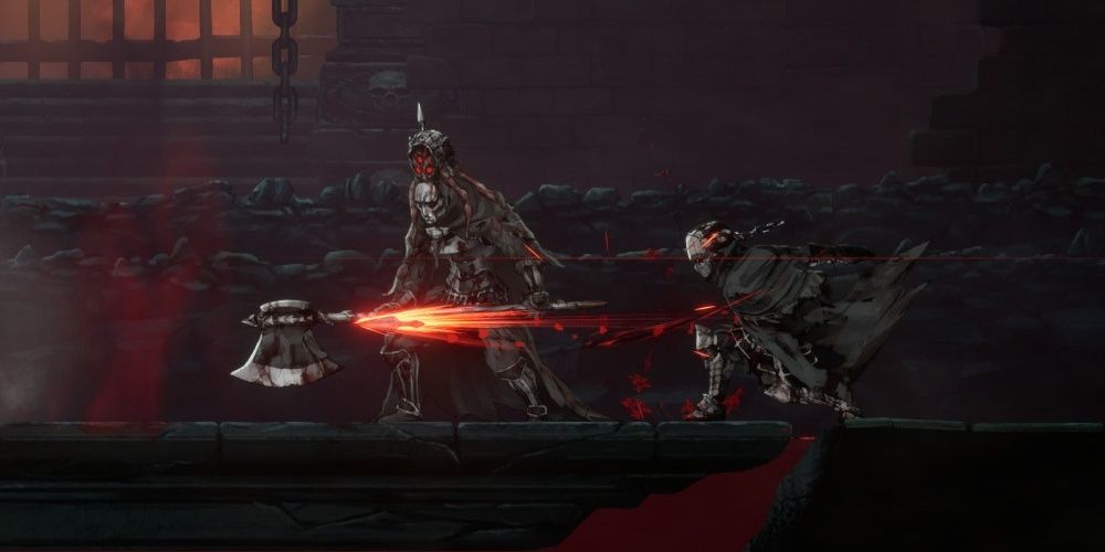 Hoenir, Keeper of the Abyss Boss Fight in Ender Lilies: Quietus of the Knights. A cloaked knight throwing daggers accompanied with an executioner.