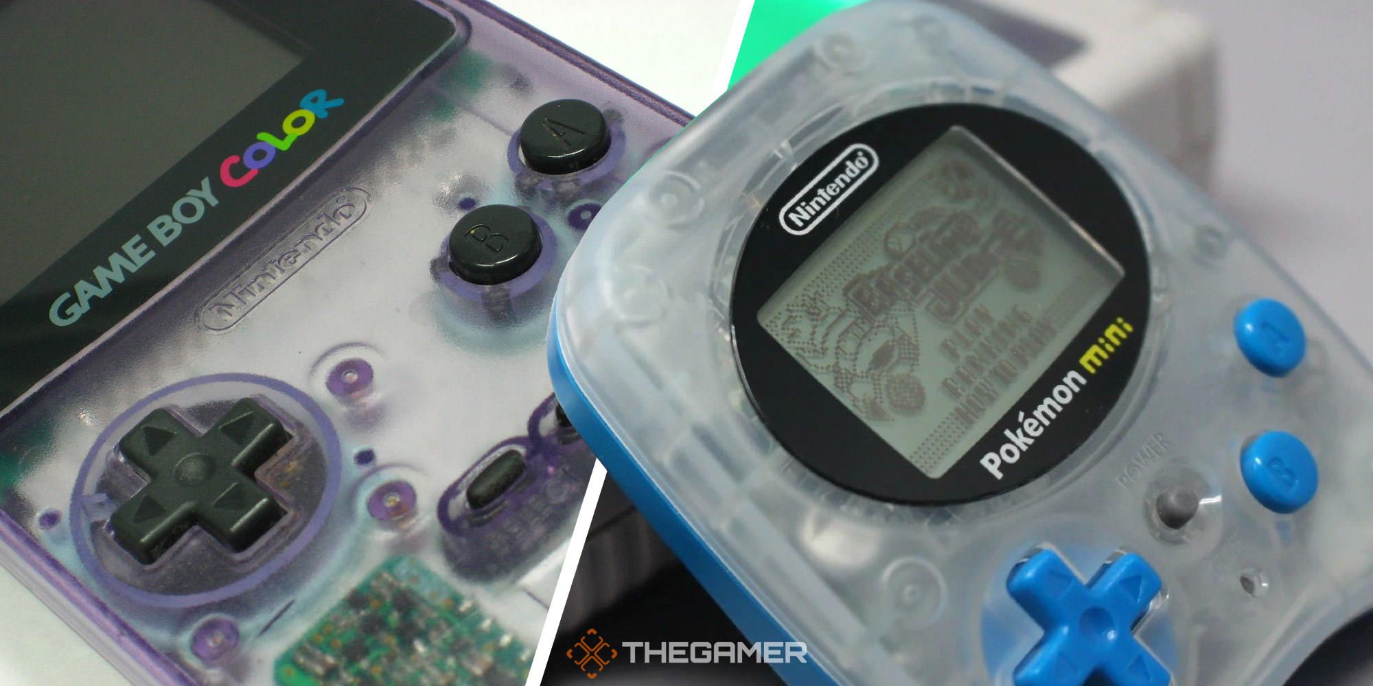 Split image of translucent Game Boy Color and Pokémon Mini