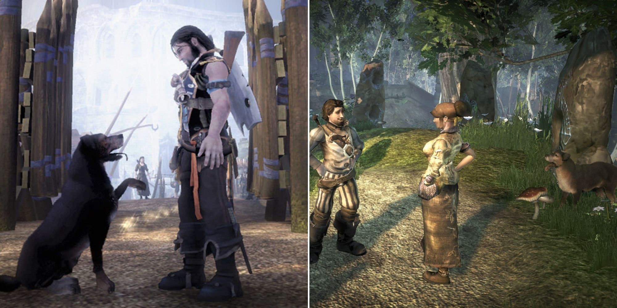 Fable II - The Dog holding up a paw to the player -  Player talking to an NPC whilst their dog watches