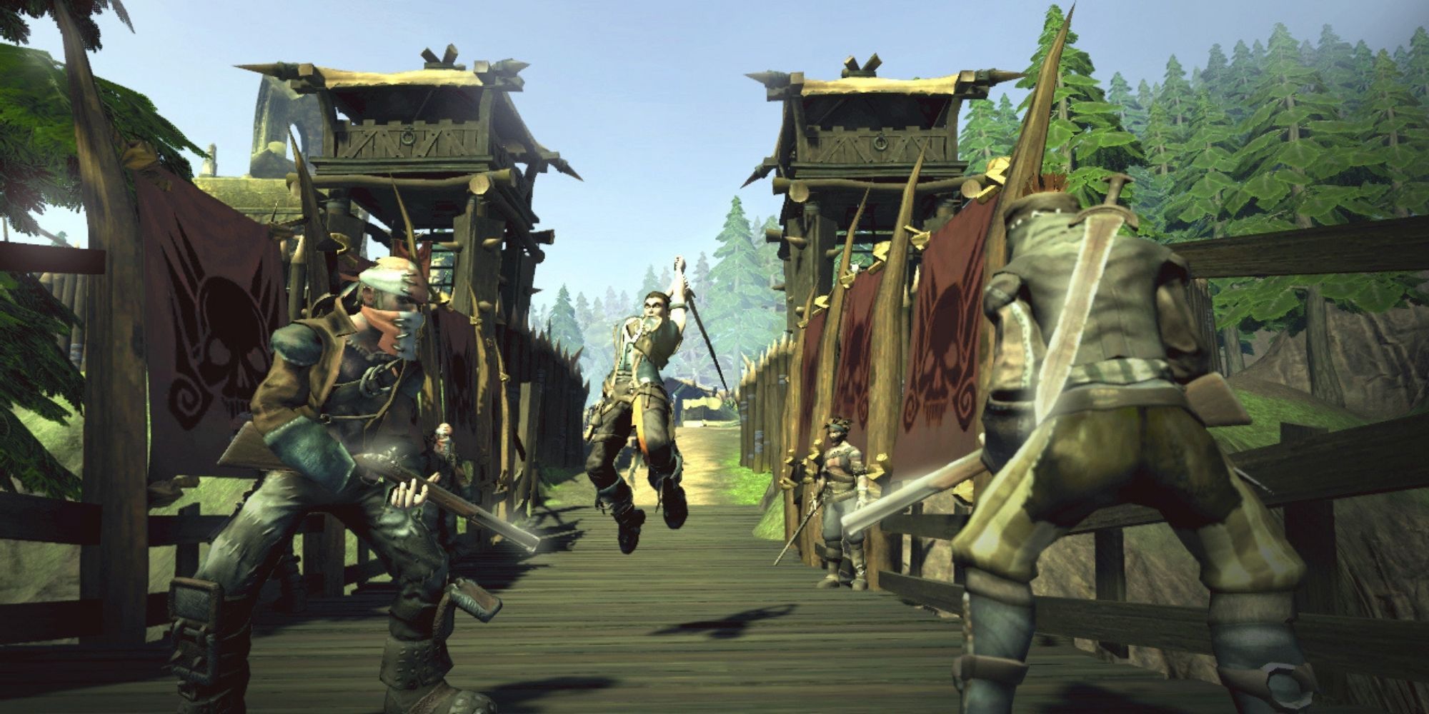 Fable II - The protagonist attacking enemies on a bridge
