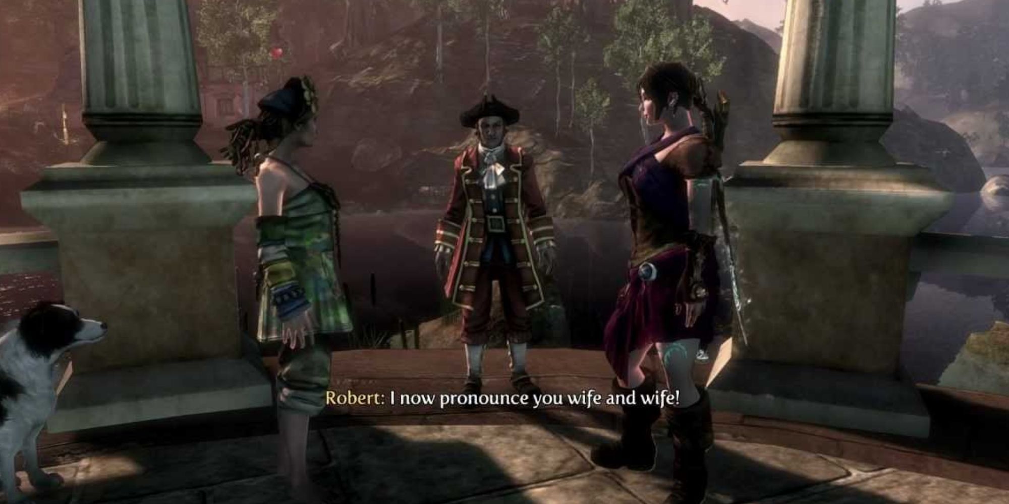 Two characters in Fable 3 facing each other as they're declared wife and wife