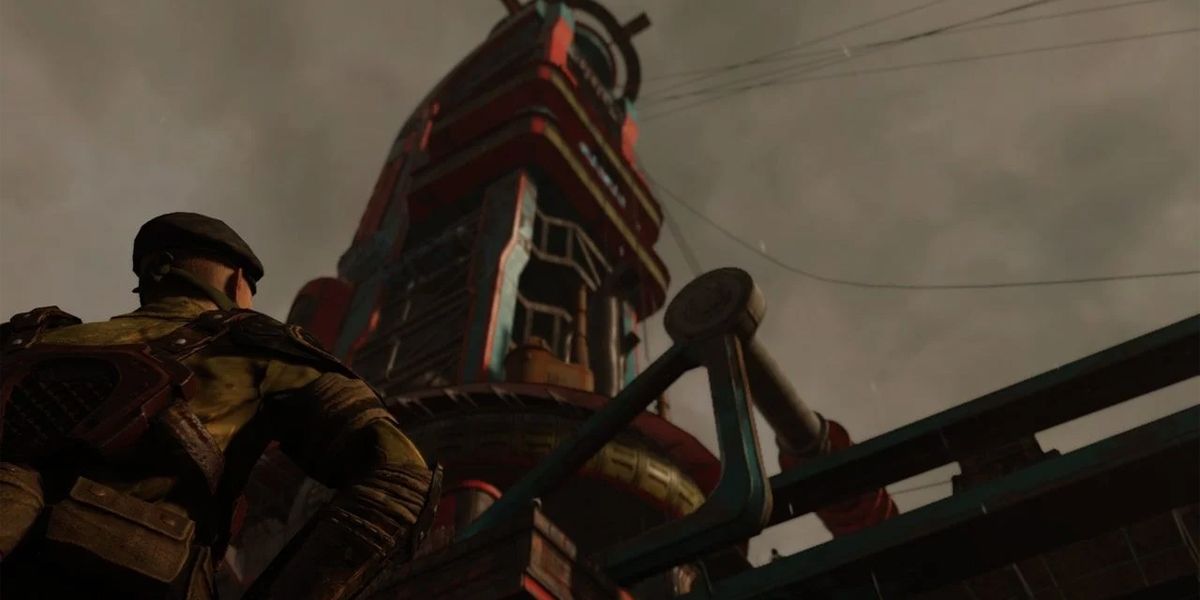Fallout 76 Earth Mover a player stares up at a tower-like structure