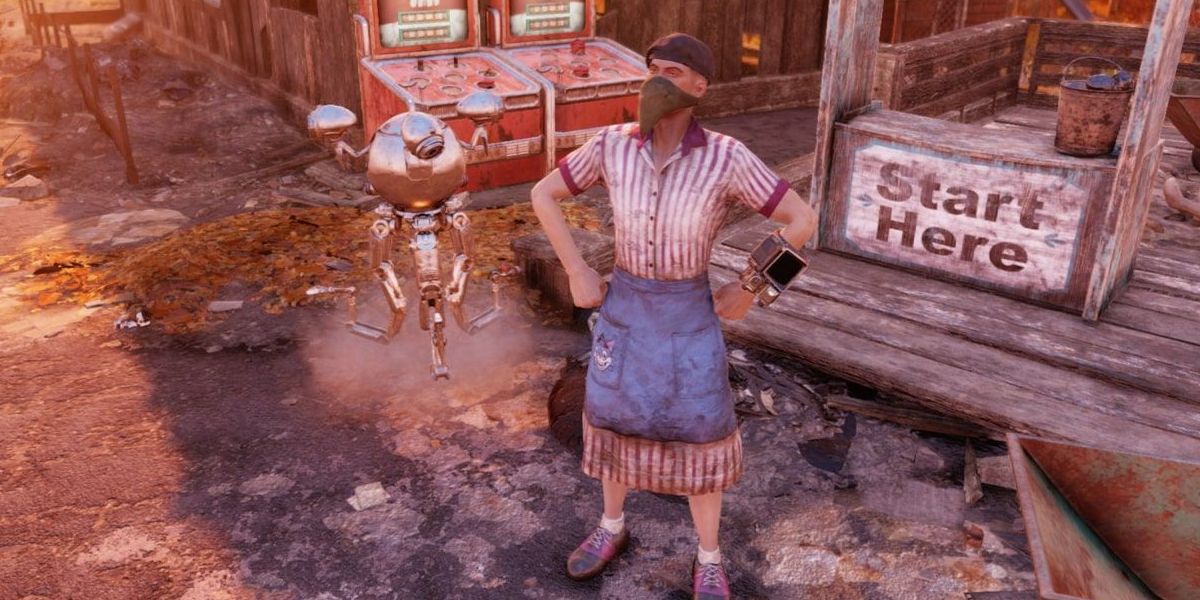 Fallout 76 Mistaken Identity a player stands with a Mister Handy
