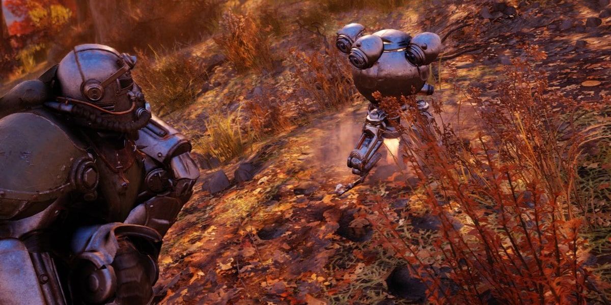 Fallout 76 The Messenger a player in Power Armor faces a Mister Handy