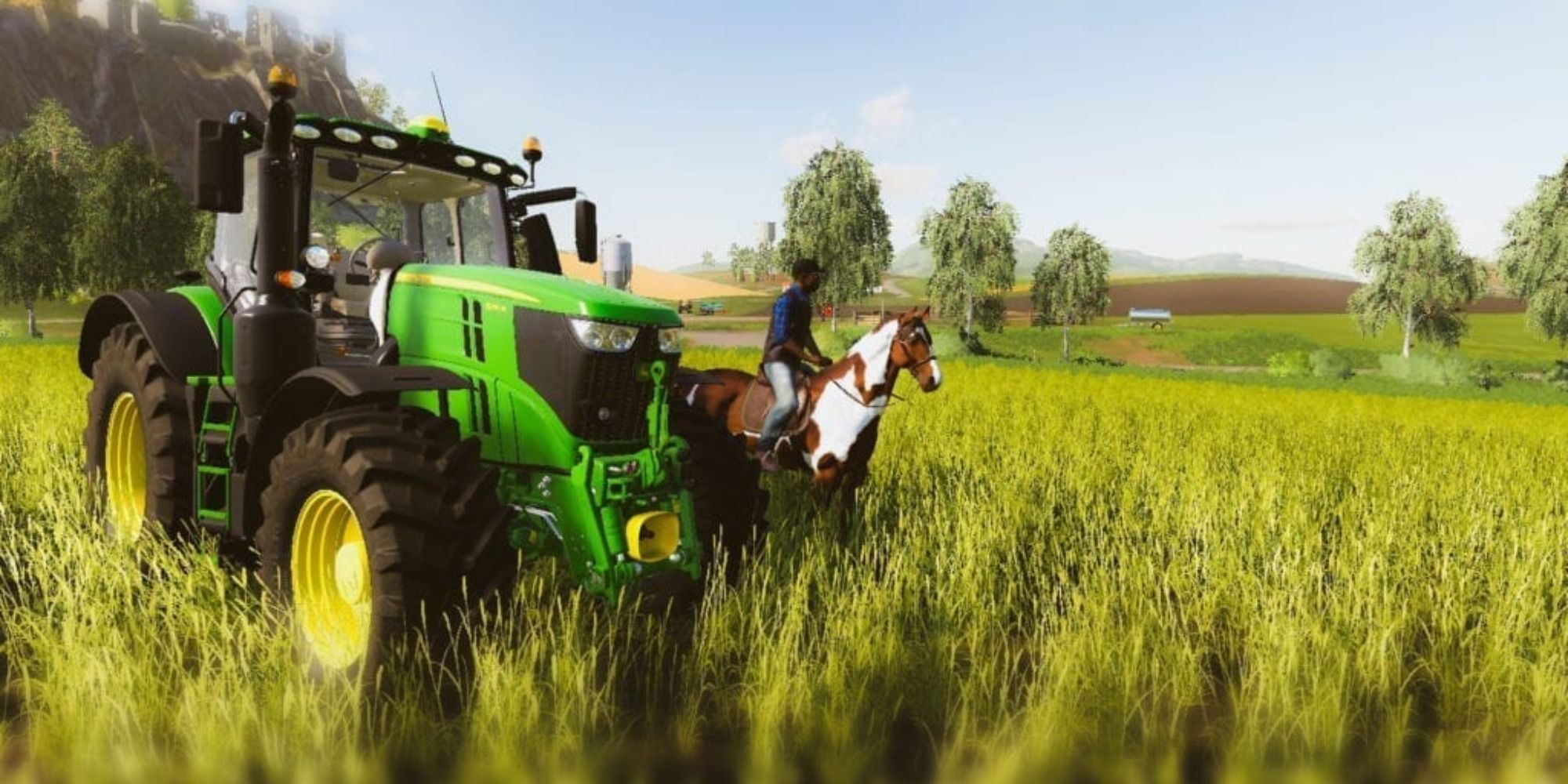 Farming Simulator 19 John Deere 9RT Mod farm on a horse with a tractor next to it