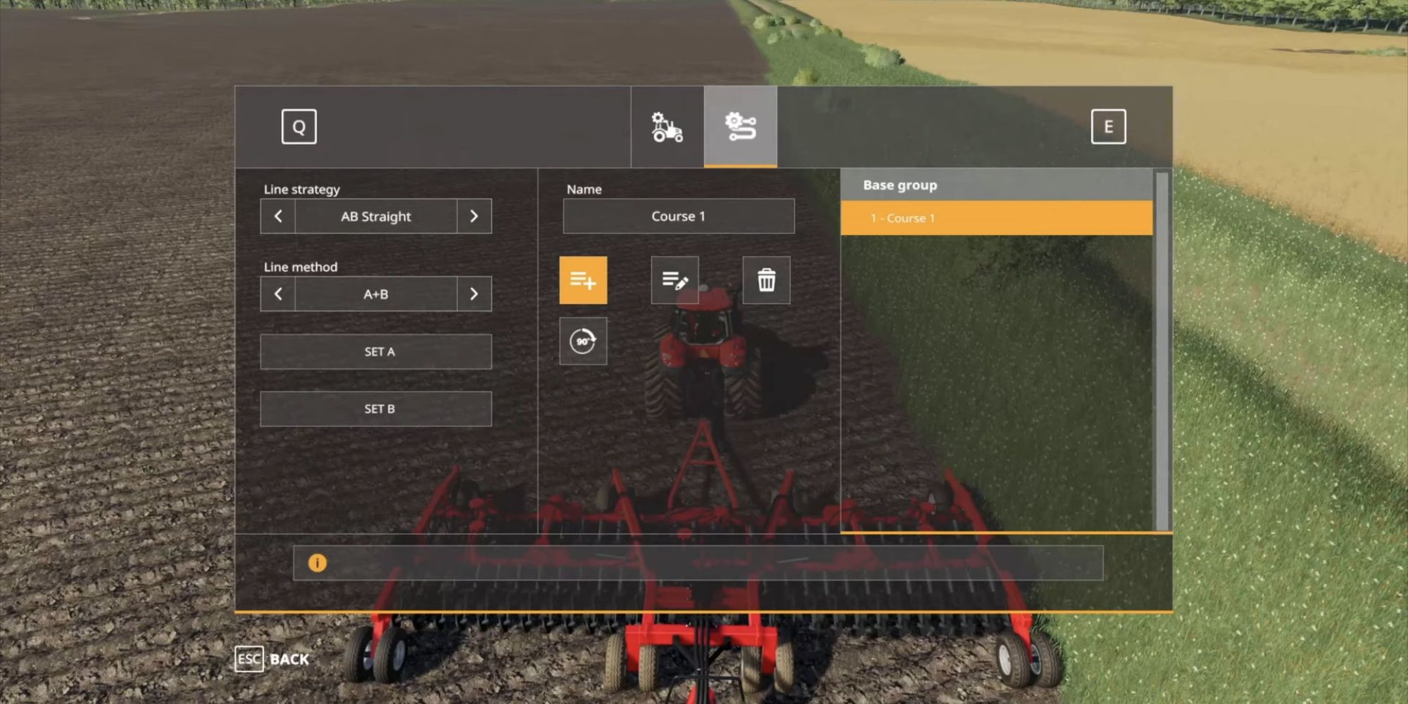 Screenshot of a tractor and the menu options available via the Farming Simulator 19 GPS Mod
