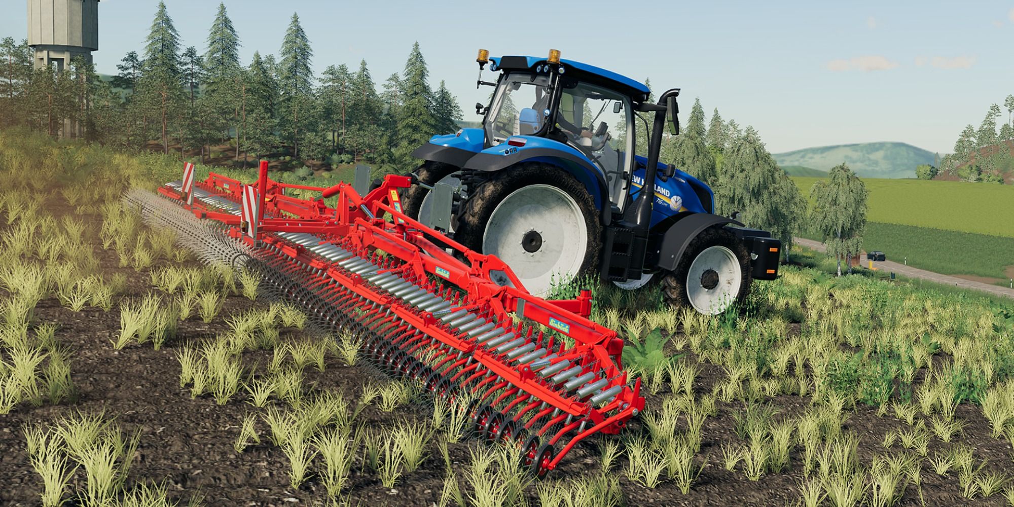 Farming Simulator 19 tractor destroying weeds