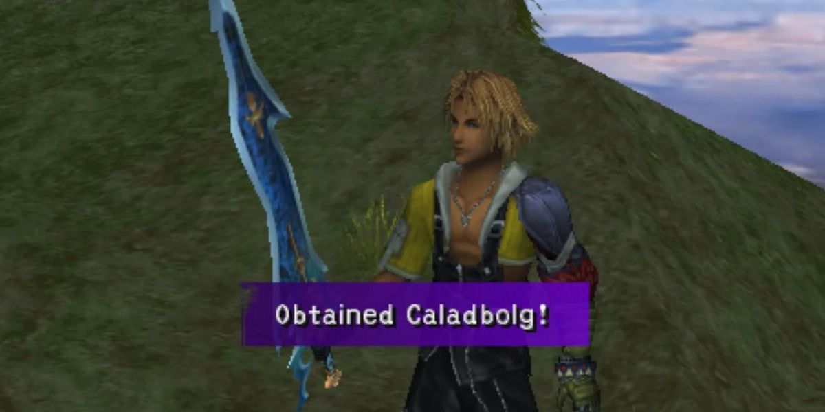 Final Fantasy 10 Tidus holding the Caladbolg weapon