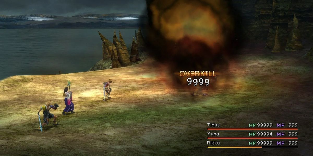 Final Fantasy 10 a player party hitting an enemy with an overkill