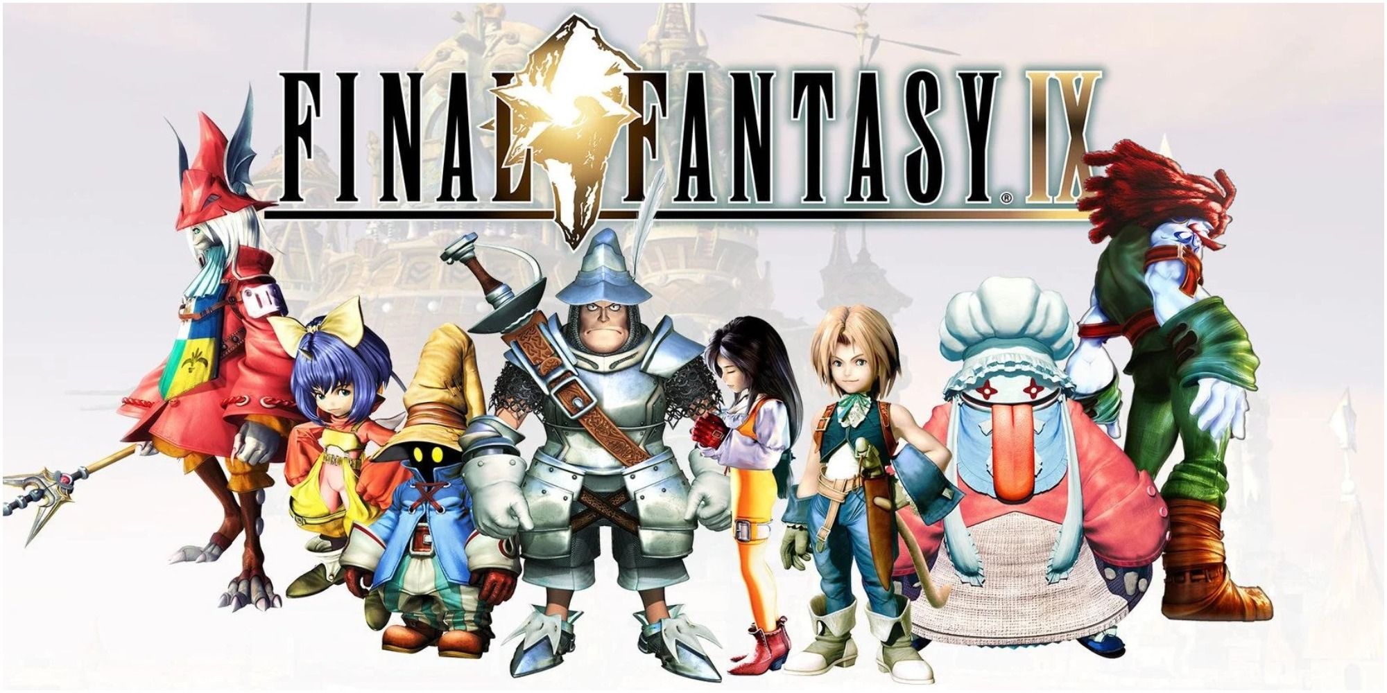 Final Fantasy IX Characters Lined Up Around The Logo