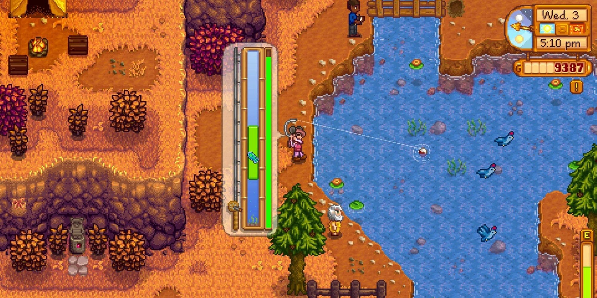stardew valley player fishing with cork bobber, widening the fishing bar