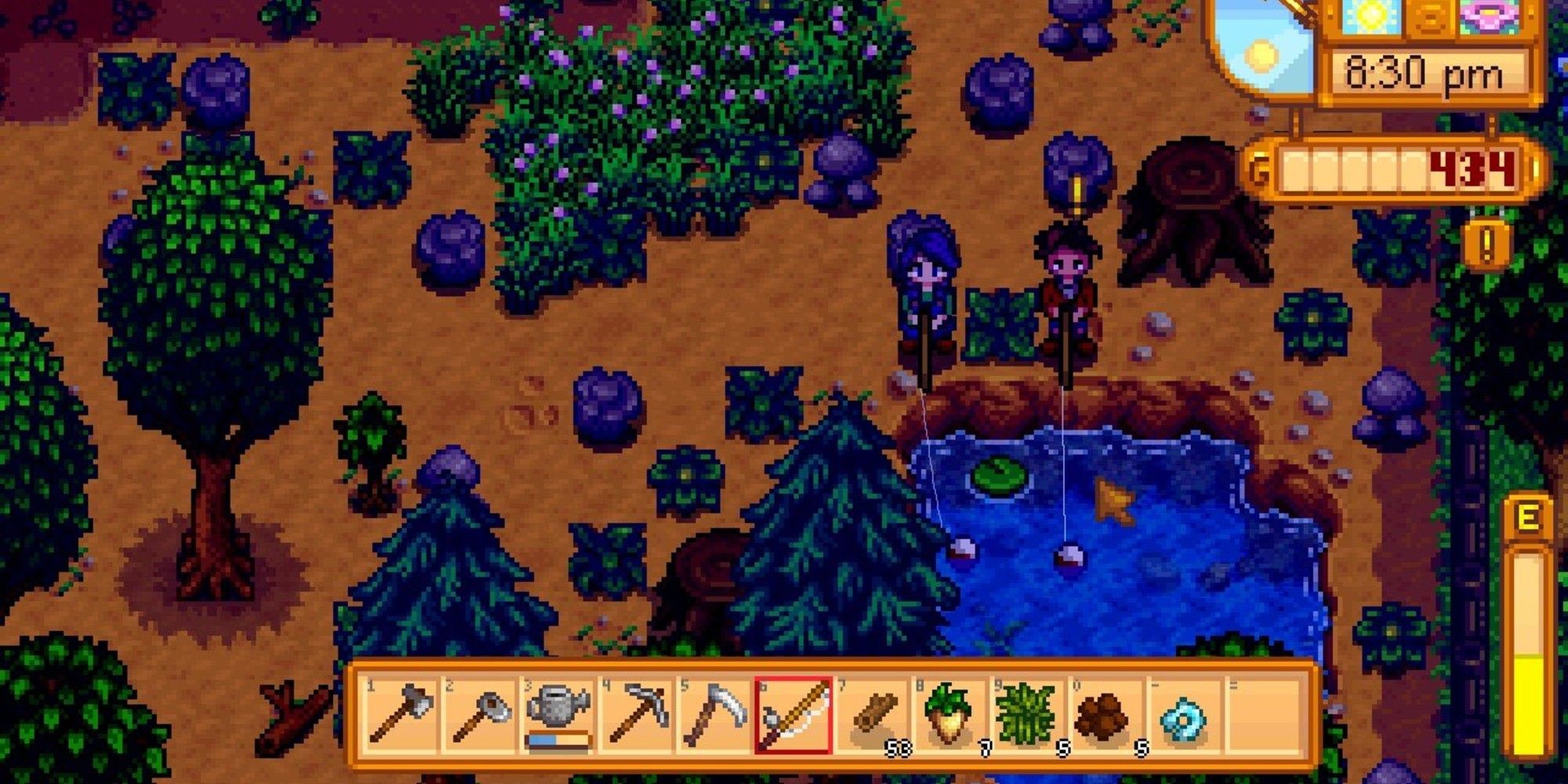 two stardew valley players fishing in pond with yellow exclamation point over one player
