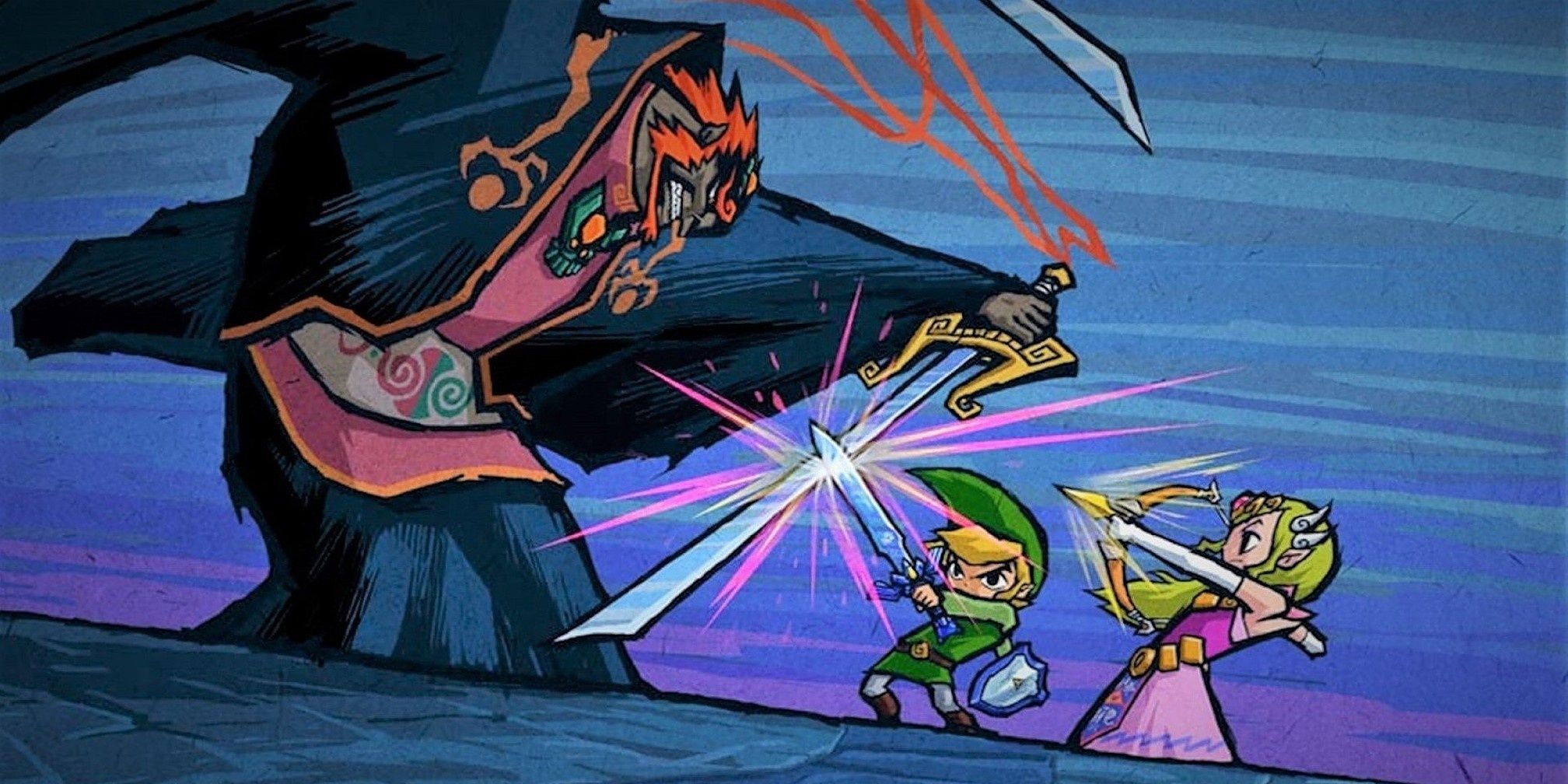 Link and Zelda attack Ganondorf in The Wind Waker.